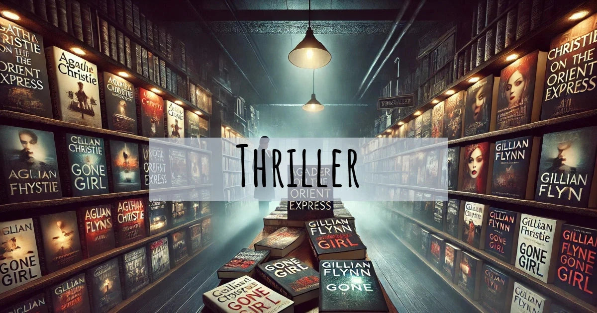 Bookshelf filled with thriller novels in a dimly lit bookstore with the word 'Thriller' overlayed.