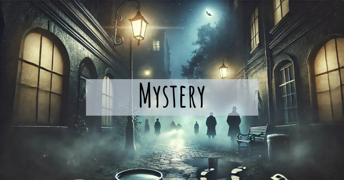 Mystery books - foggy nighttime street scene with shadowy figures