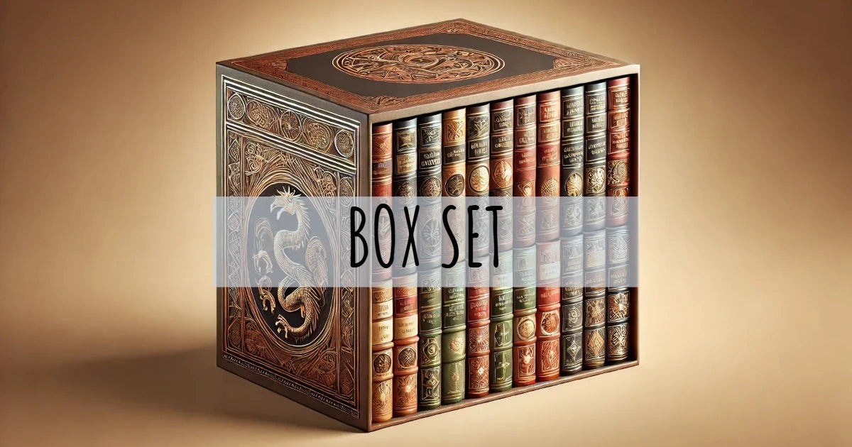 Box set of classic leather-bound books with ornate design