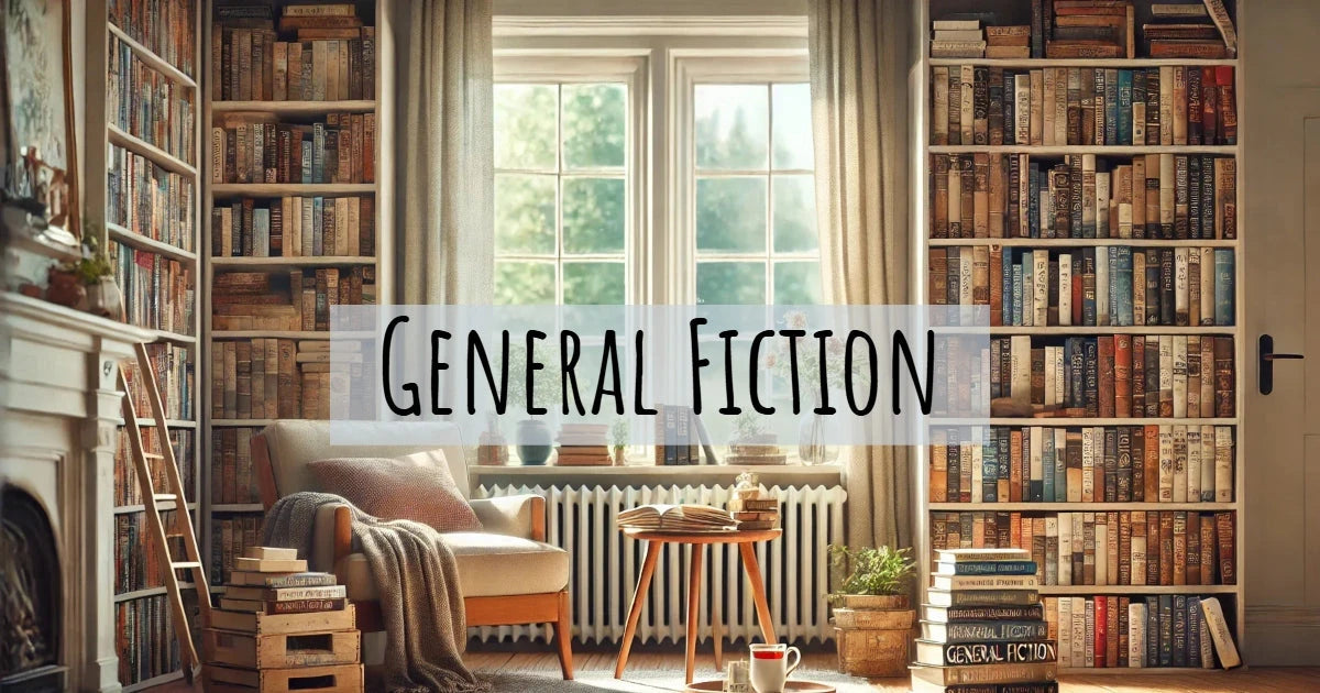 Bookshelf background with cozy reading nook and "General Fiction" text overlay – representing general fiction book collection at EnglishBooks.eu