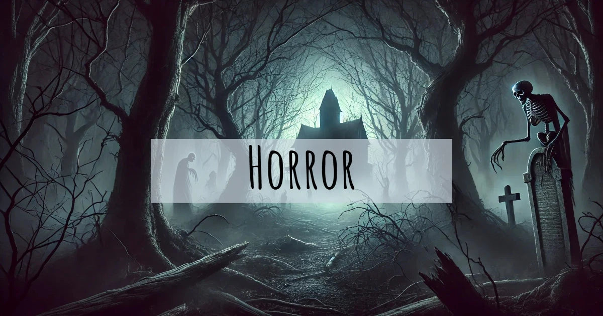 Dark spooky forest with eerie skeleton holding a cross near a tombstone, with the word "HORROR" in the center.