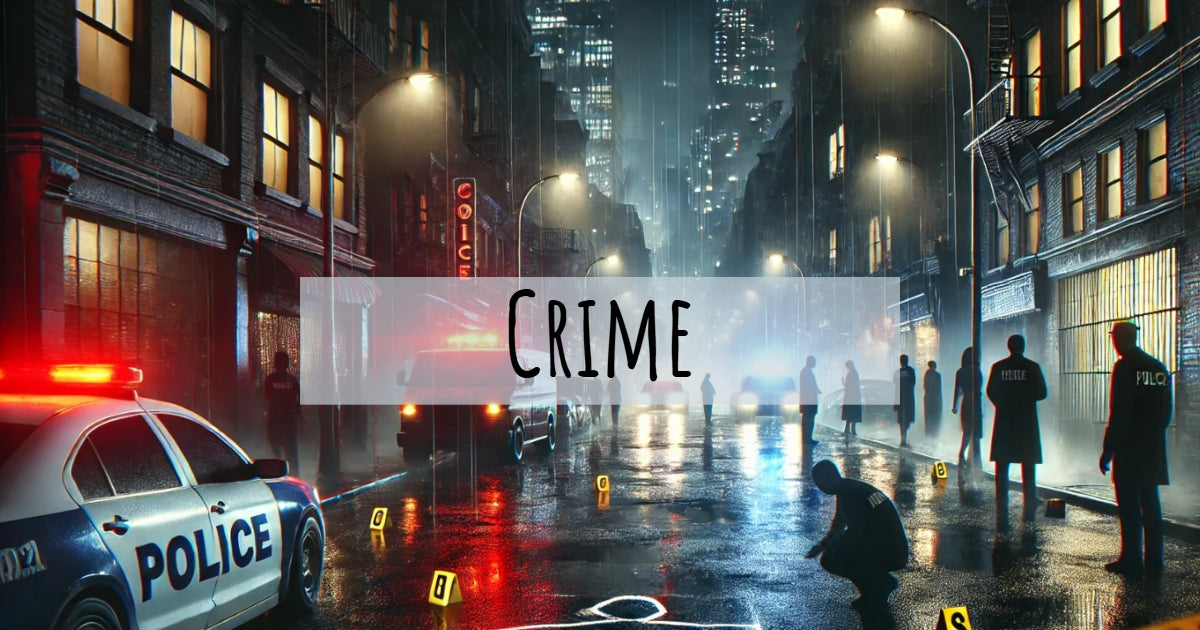 Crime scene at night with police car and officers in rain-soaked city street, word 'Crime' overlaid