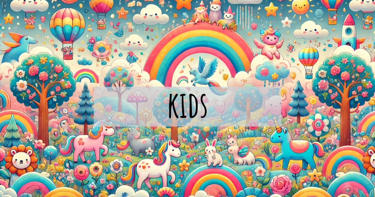 Colorful kids illustration with rainbows, balloons, animals, and fantasy creatures in a playful landscape