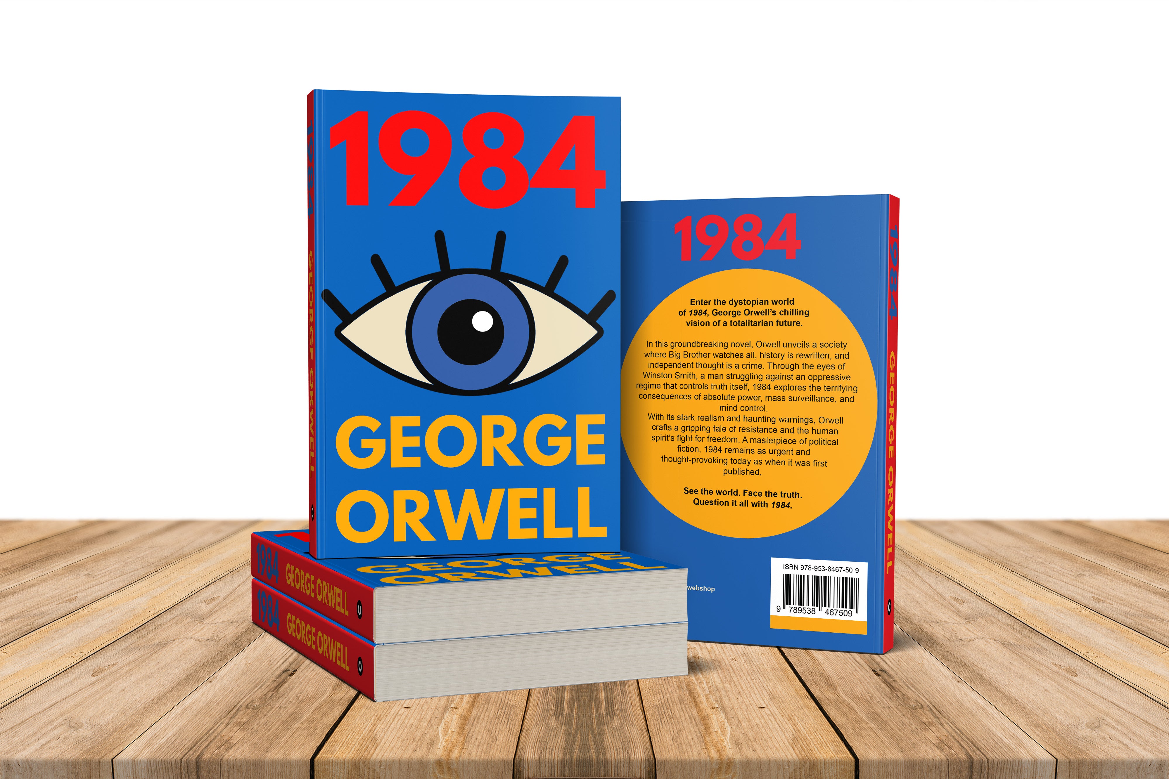 Book titled '1984' by George Orwell on a wooden surface