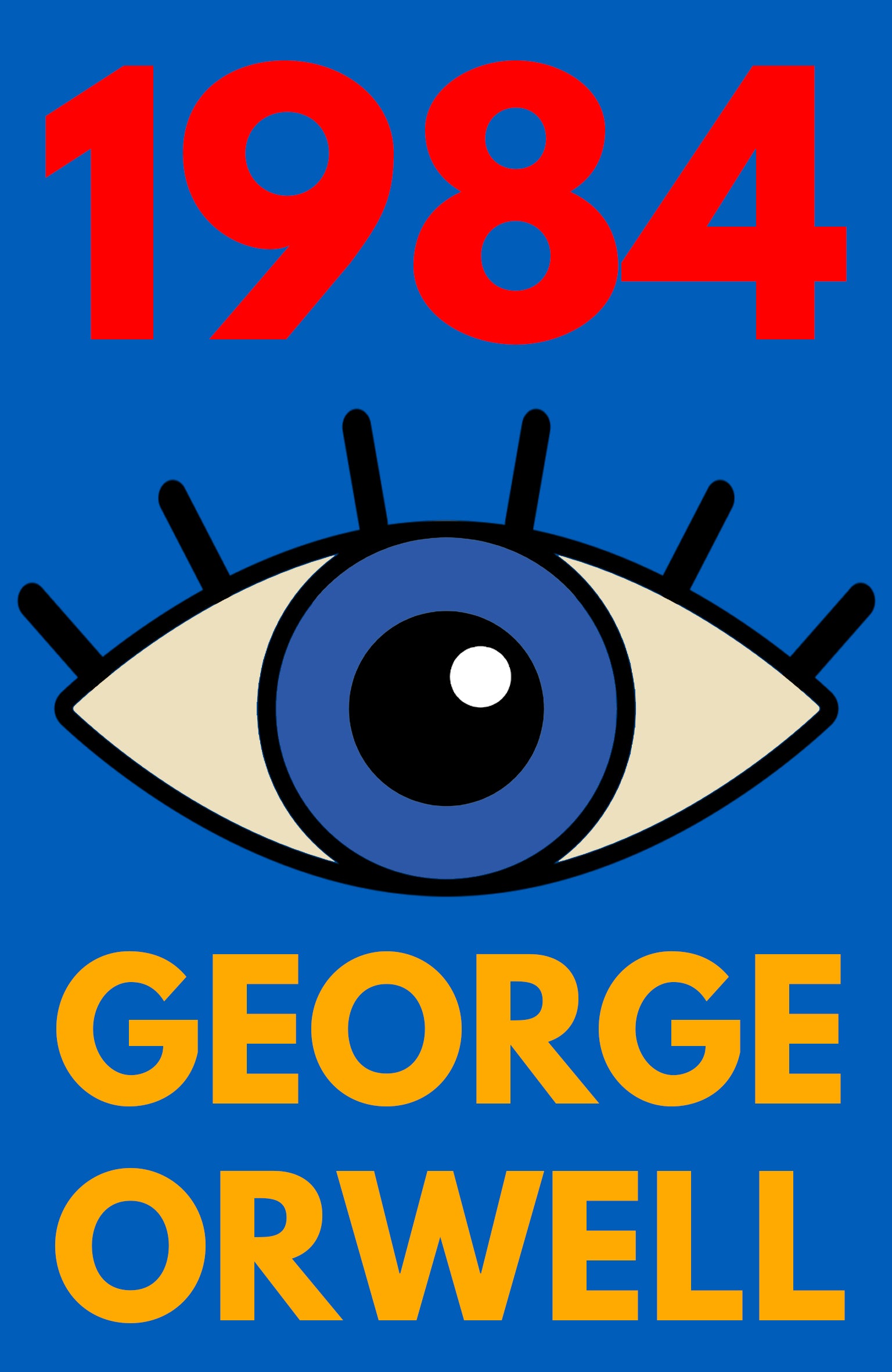 Book cover of '1984' by George Orwell with a blue background, red text, and a large eye symbol.