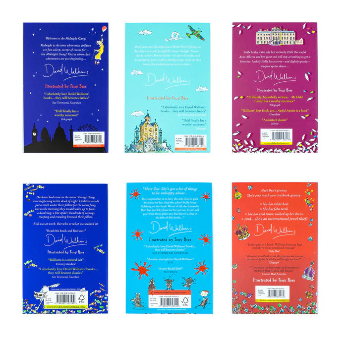 Set of six book back covers with colorful designs and text.