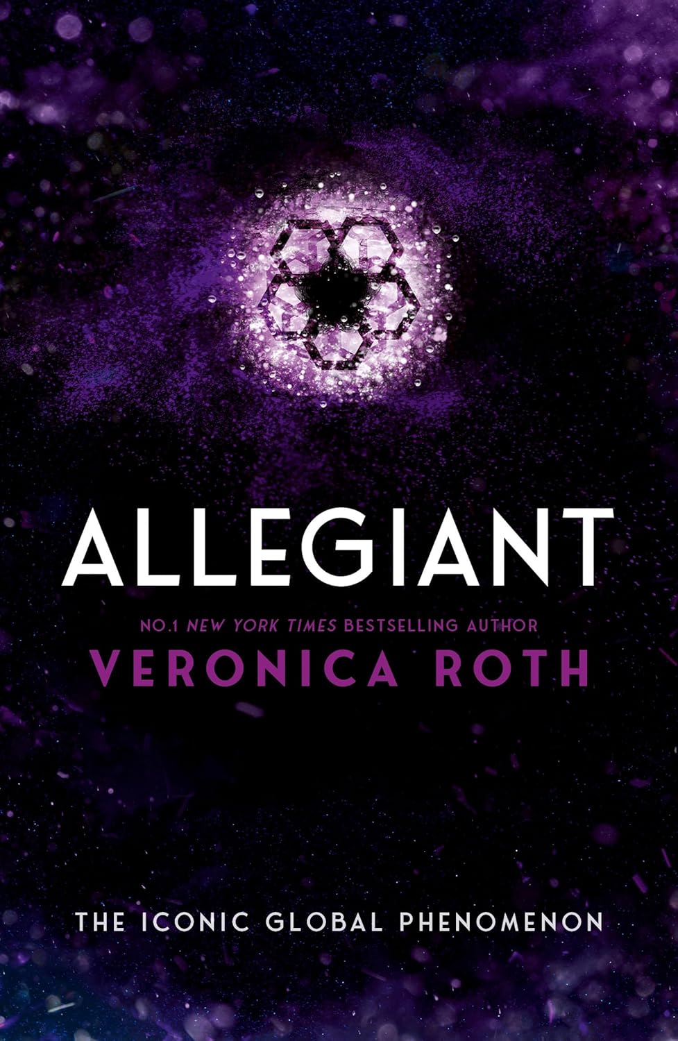 The cover of the book 'Allegiant' by Veronica Roth features a purple hue with a circular graphic design and the title of the book in large white font. The author's name is also mentioned in large white font.