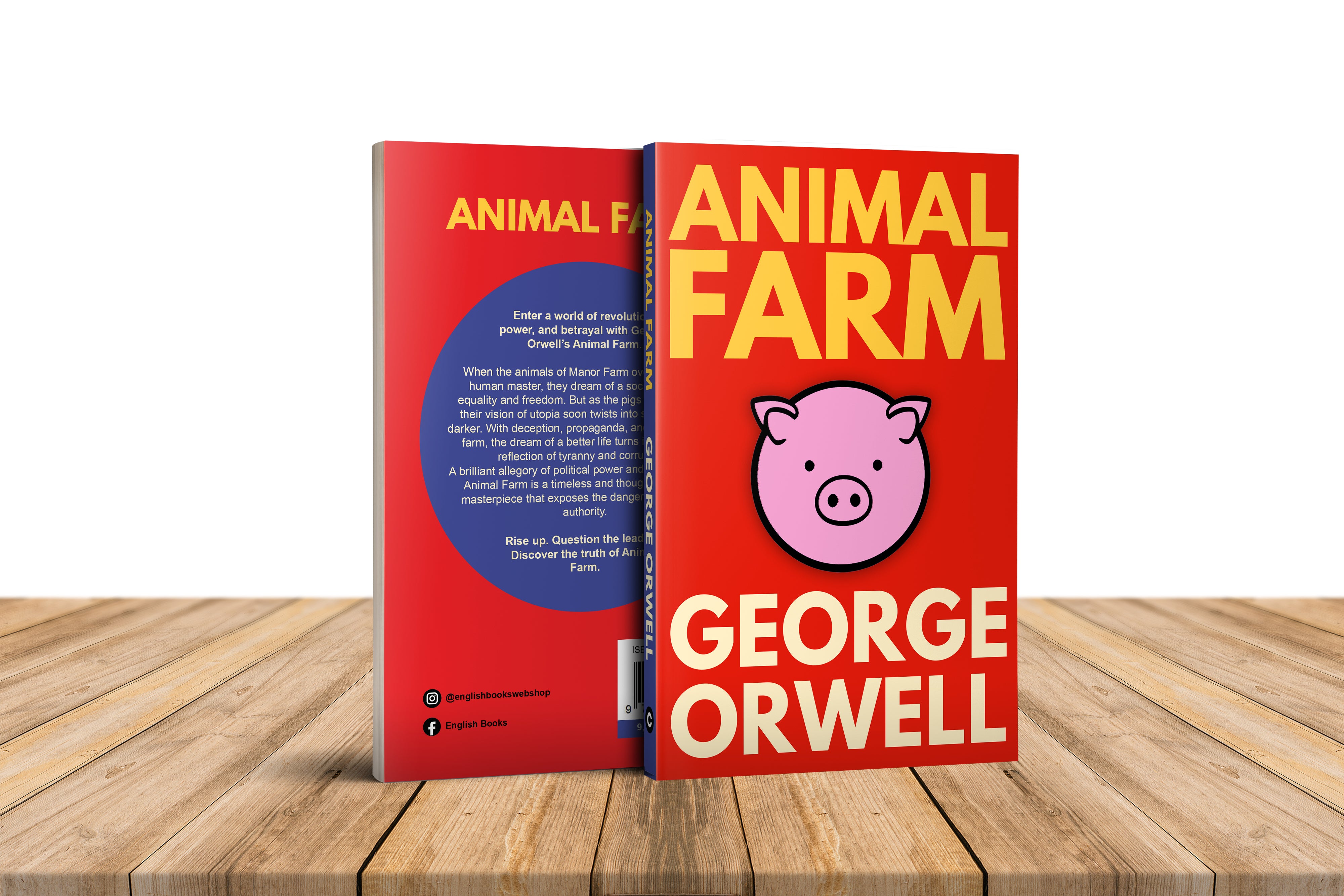 Book titled 'Animal Farm' by George Orwell on a wooden surface