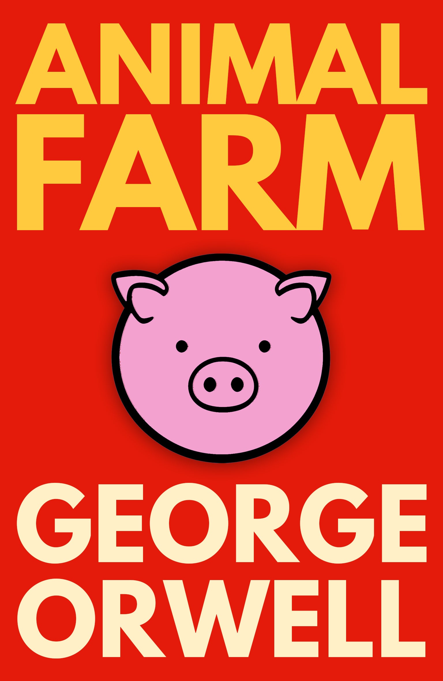 Book cover of 'Animal Farm' by George Orwell with a pink pig illustration on a red background