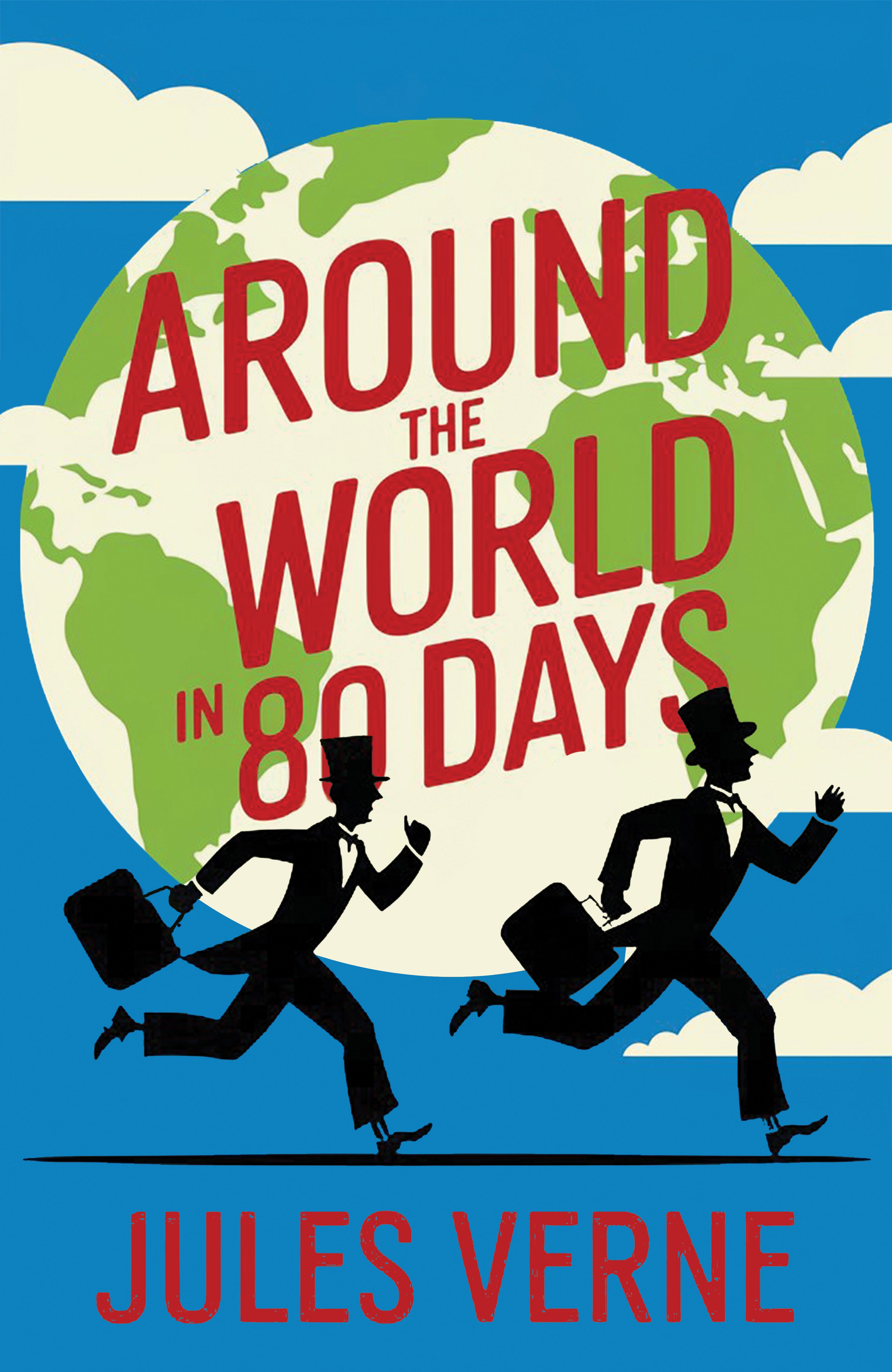 Book cover of 'Around the World in 80 Days' by Jules Verne with two figures running and a world map in the background.