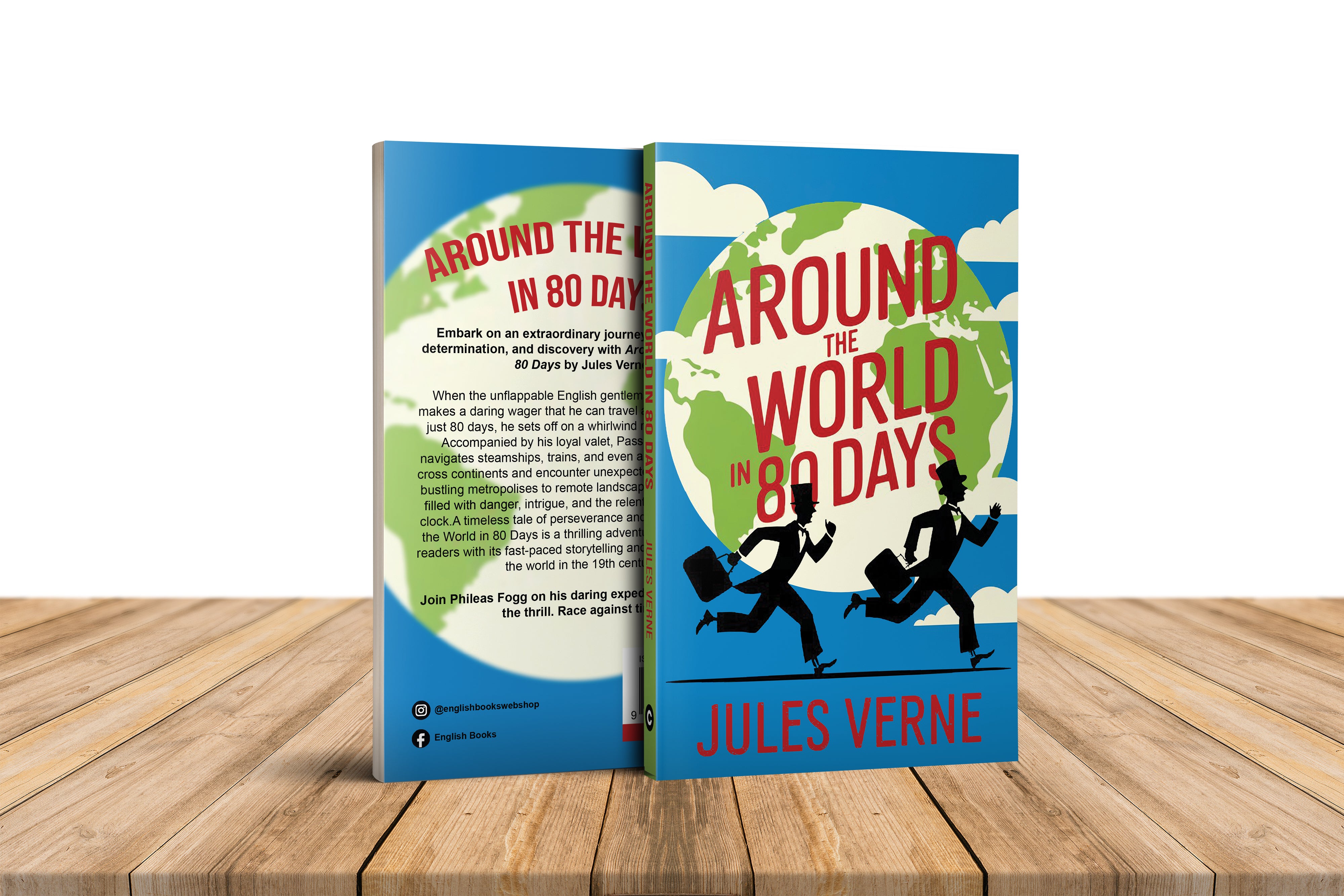Book titled 'Around the World in 80 Days' by Jules Verne on a wooden surface