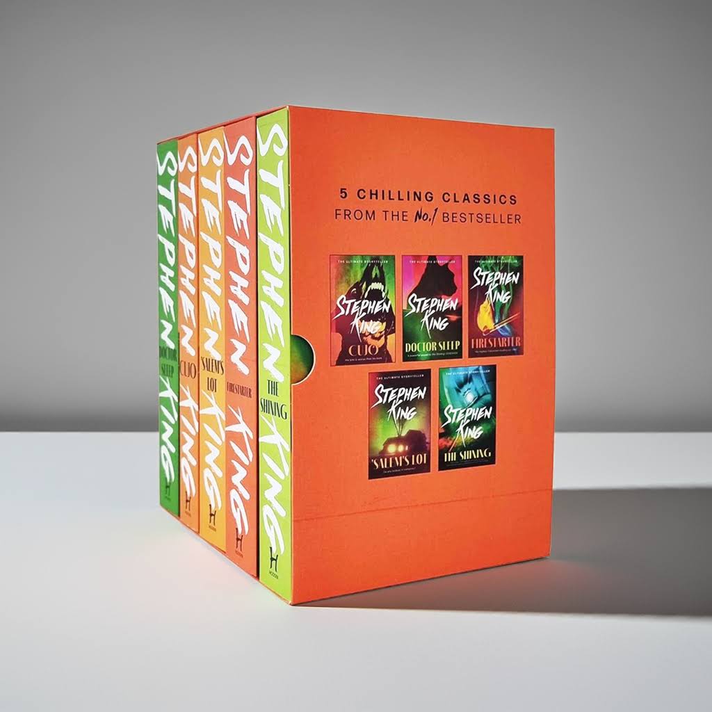 Stephen King 5 Book Box Set (Cujo, Doctor Sleep, Firestarter, Salem's Lot, The Shining) – paperback collection with colorful spines, displayed upright on a clean white studio background