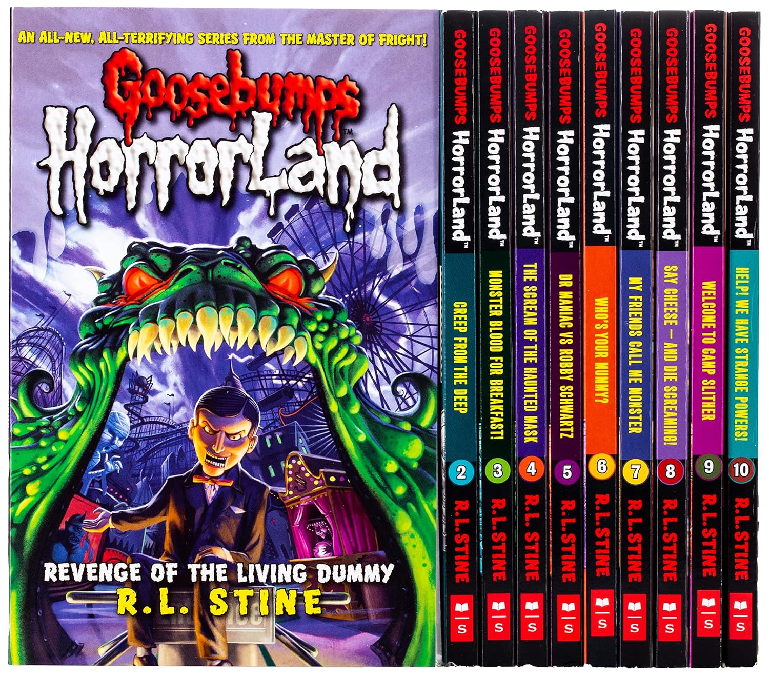 Collection of 'Goosebumps HorrorLand' books with a prominent cover featuring a dummy and green hands.