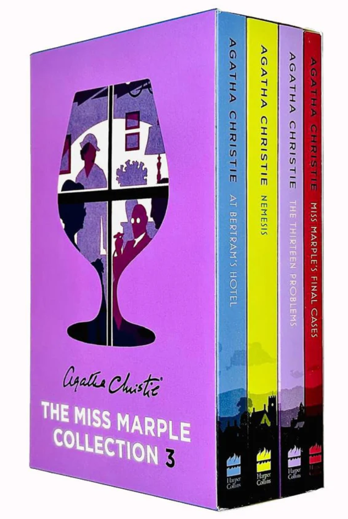 Agatha Christie The Miss Marple Collection 3 – Box set of 4 books with purple slipcase and colorful spines including At Bertram’s Hotel, Nemesis, The Thirteen Problems, and Miss Marple’s Final Cases.
