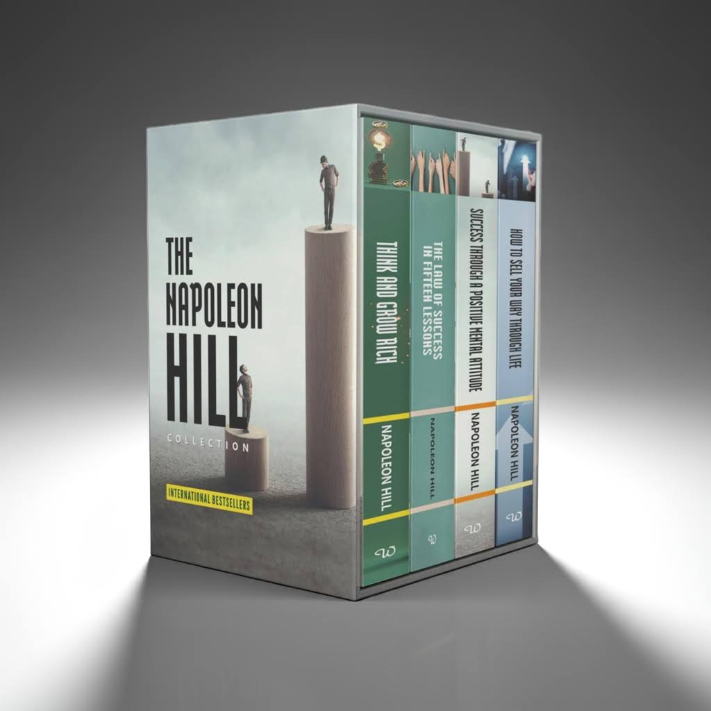 Napoleon Hill 4-book collection box set standing upright on a clean white studio background with subtle shadows and crisp lighting