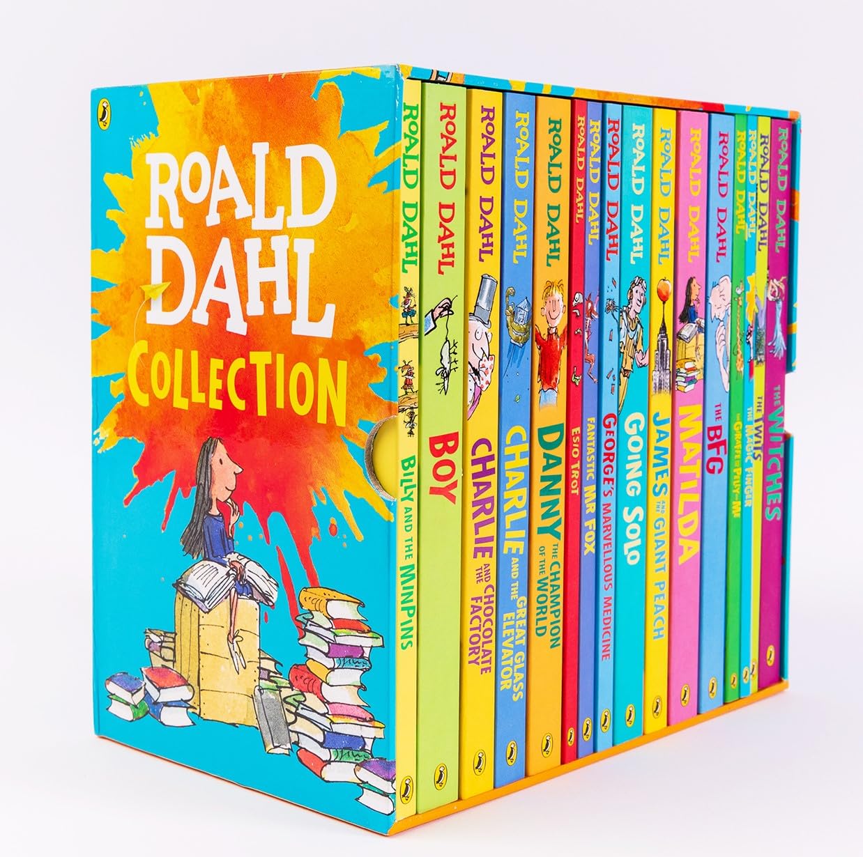 Roald Dahl Collection 16 Books Box Set with colorful illustrated covers including Matilda, Charlie and the Chocolate Factory, The BFG and more.