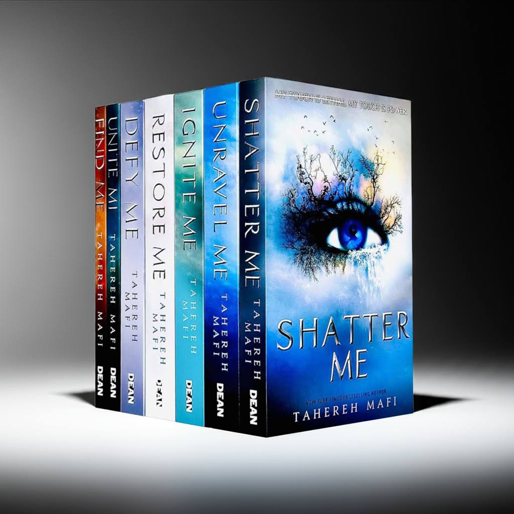 Complete Shatter Me Series 1–7 book box set by Tahereh Mafi, displayed upright on a clean white studio surface with soft shadows