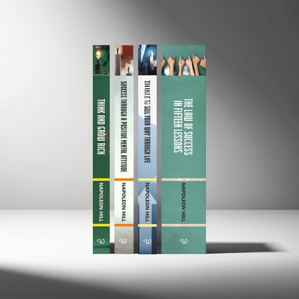 Side view of Napoleon Hill 4-book collection standing on a white studio surface with soft shadows and clear, readable spines