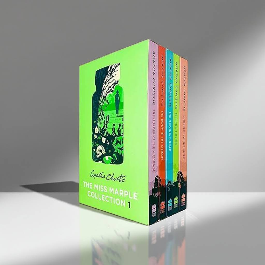 The Miss Marple Collection 1 box set featuring books 1 to 5 by Agatha Christie, displayed upright on a white studio surface with clean shadows