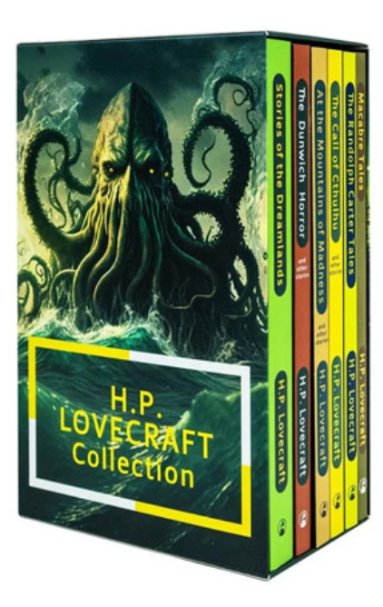 Box set of H.P. Lovecraft books featuring a Cthulhu-themed cover illustration, including six color-coded paperback titles.