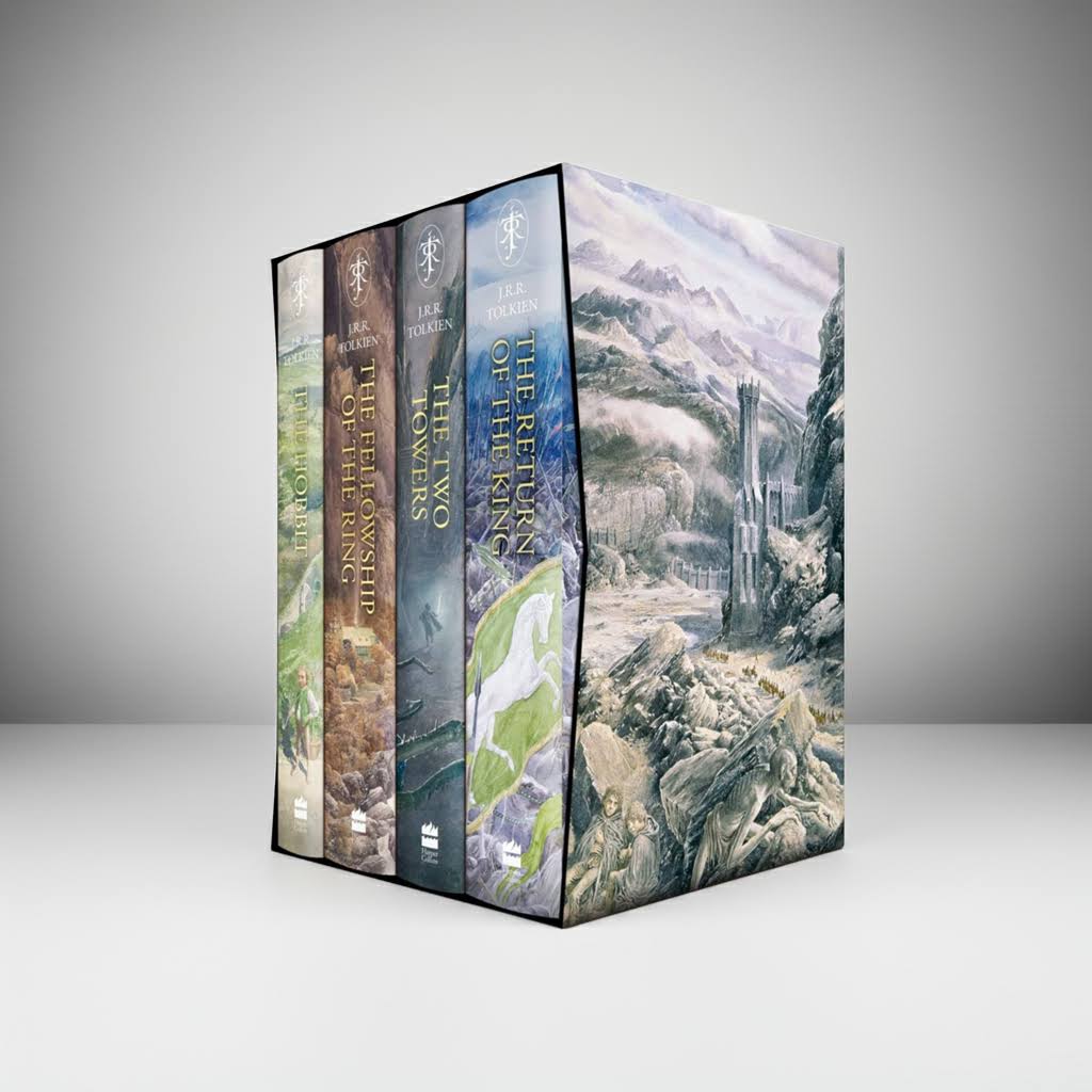 The Hobbit & The Lord of the Rings box set illustrated by Alan Lee, displayed upright on a white studio background with soft shadows