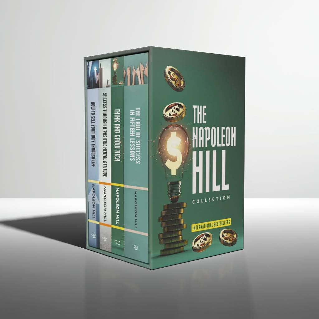 Boxed set of 4 Napoleon Hill books standing on a white studio surface with soft shadows and clean background