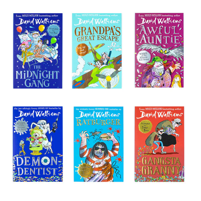 Collection of David Walliams children's books with colorful covers on a white background