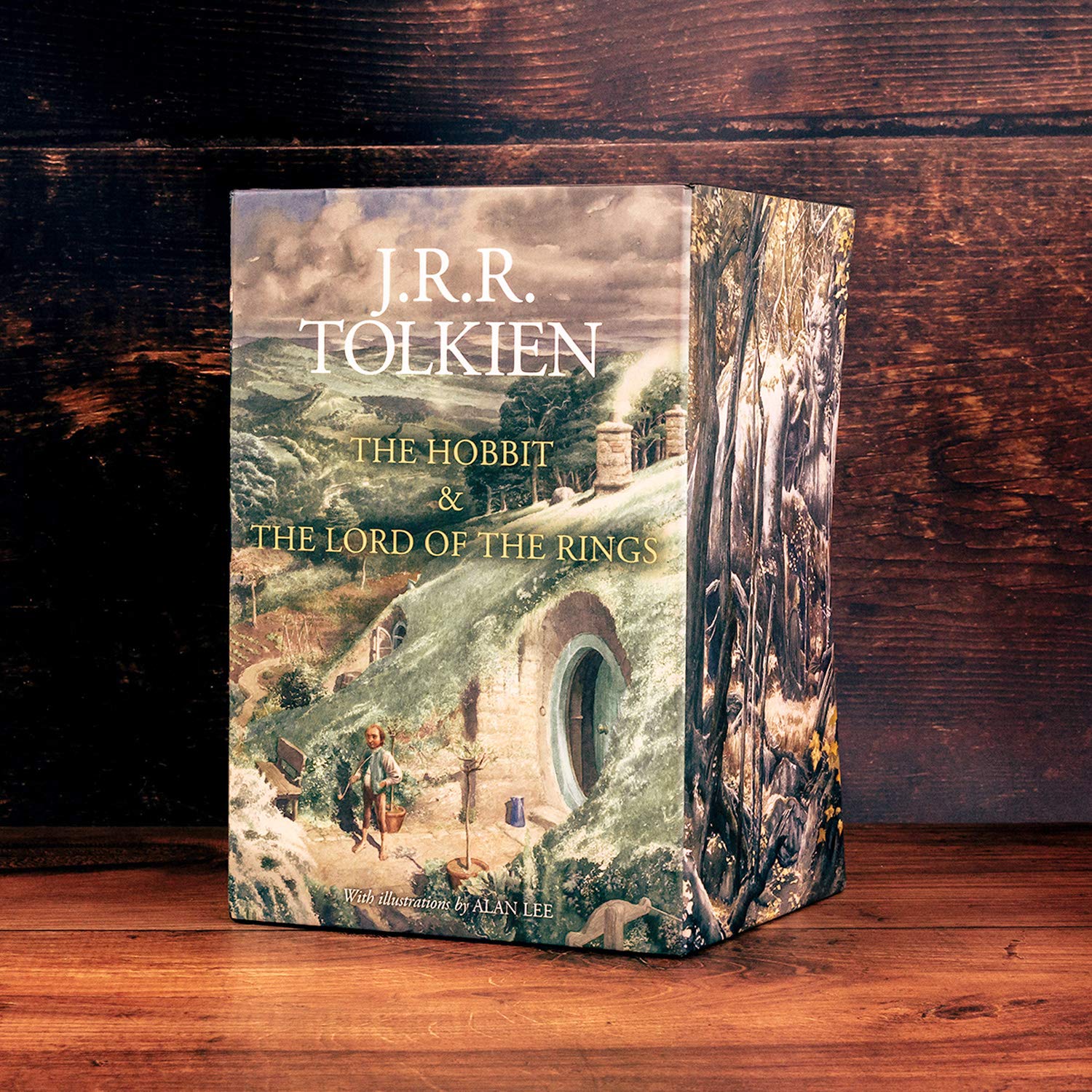 Front view of Tolkien’s illustrated box set showing the cover art of The Hobbit with Shire landscape.