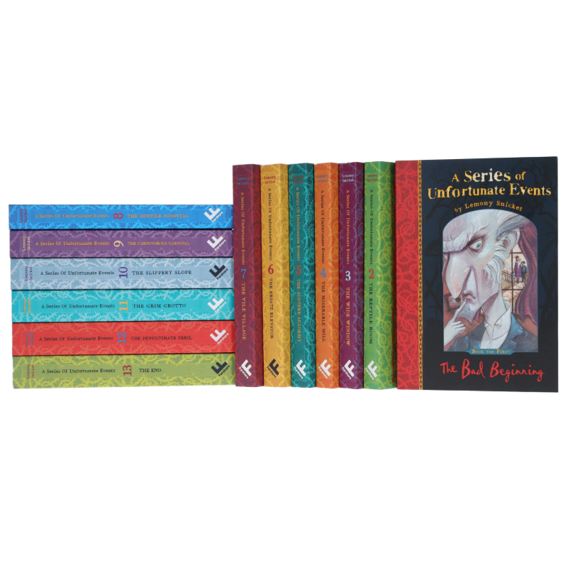 Set of books titled 'A Series of Unfortunate Events' on a white background