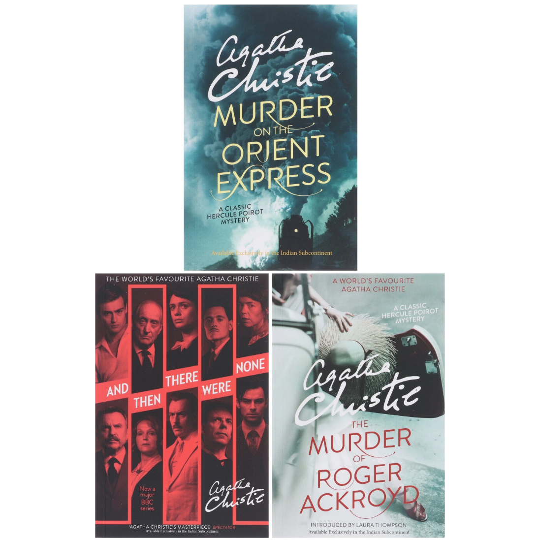 Three Agatha Christie book covers arranged on a white background: 'Murder on the Orient Express' at the top, 'And Then There Were None' at bottom left, and 'The Murder of Roger Ackroyd' at bottom right.