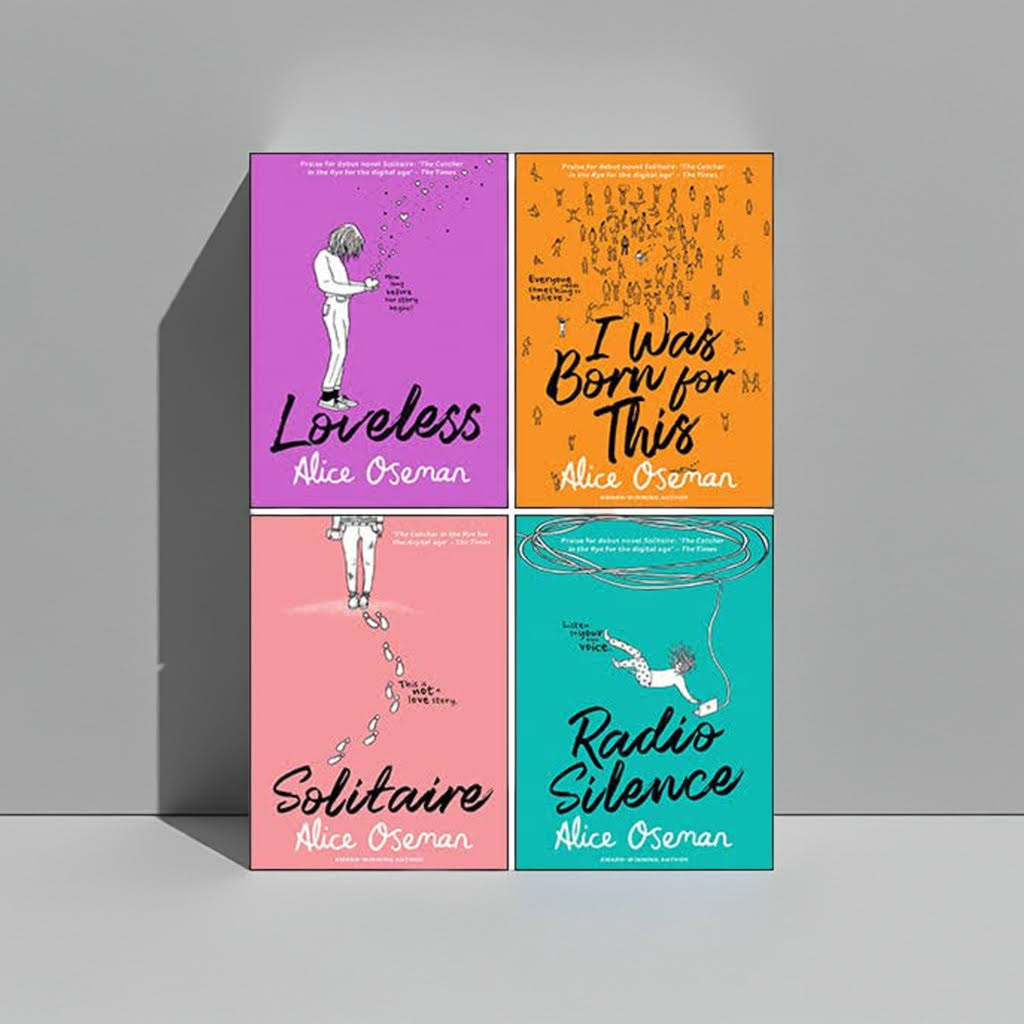 Top view of Alice Oseman Four-Book Collection featuring Solitaire, Radio Silence, I Was Born for This, and Loveless laid flat on a clean grey surface
