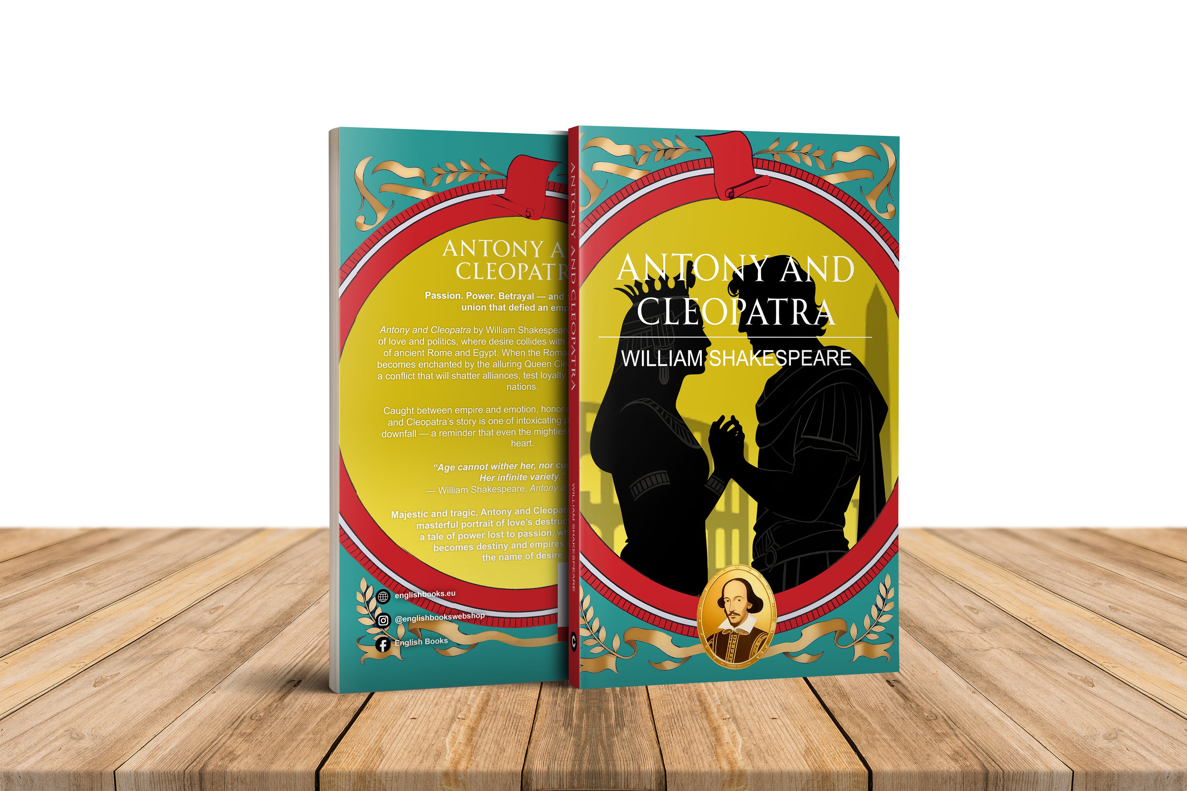 Book titled 'Antony and Cleopatra' by William Shakespeare on a wooden surface