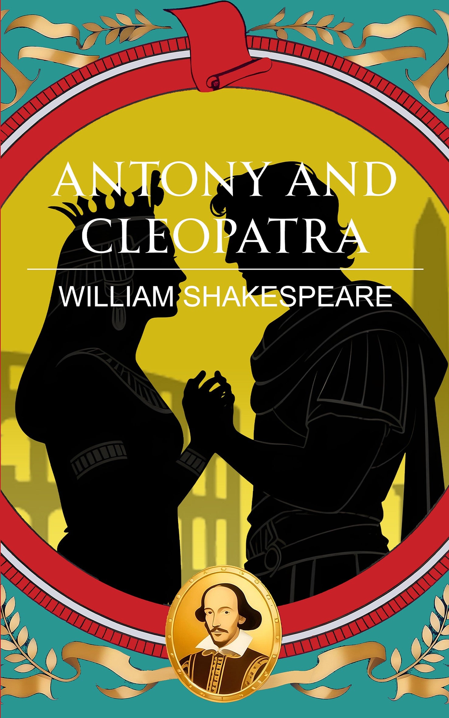 Book cover of 'Antony and Cleopatra' by William Shakespeare with silhouettes of two figures and a decorative border.
