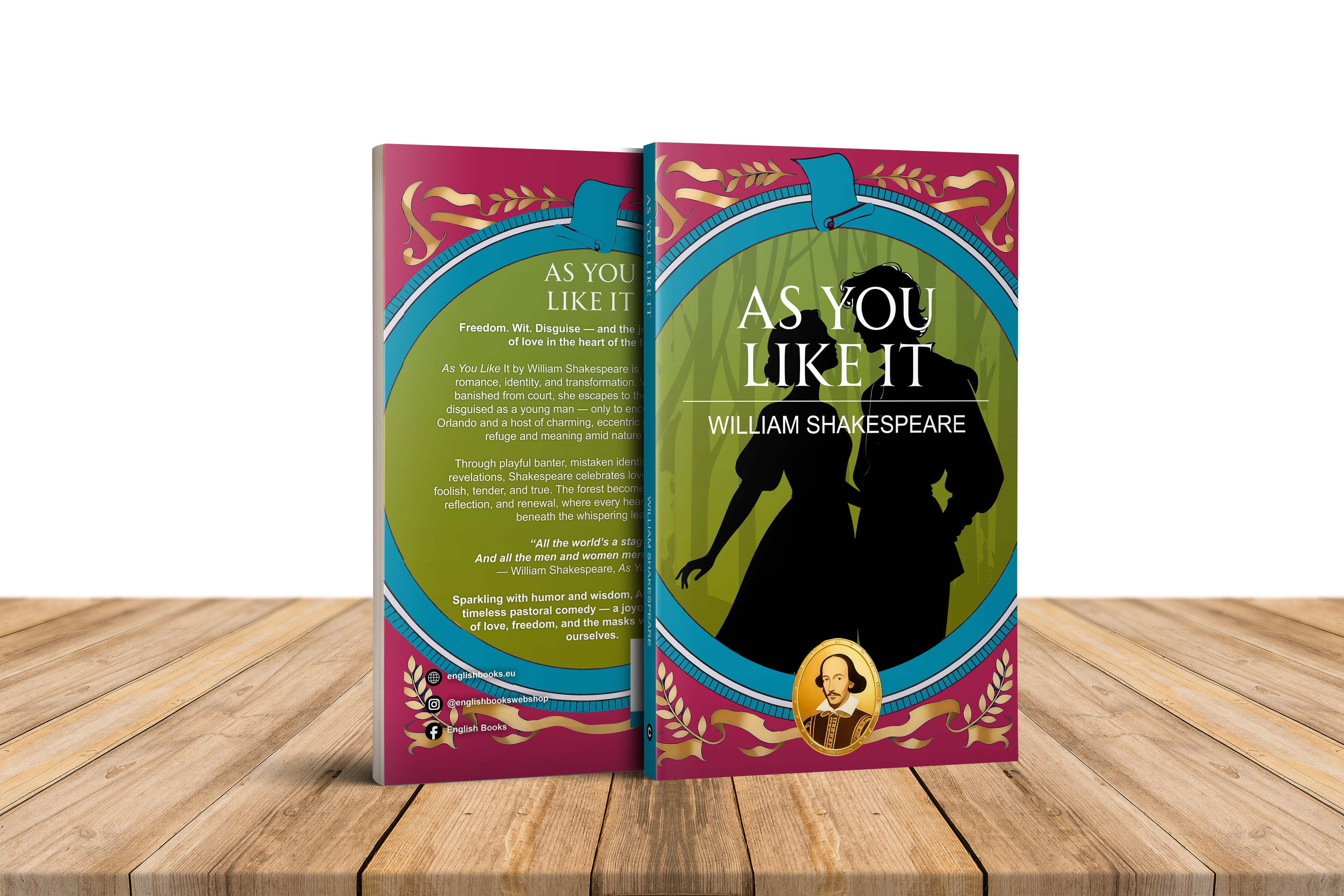Book cover of 'As You Like It' by William Shakespeare on a wooden surface