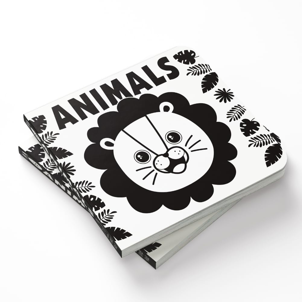 Children's book titled 'Animals' with a black and white lion illustration on a white background