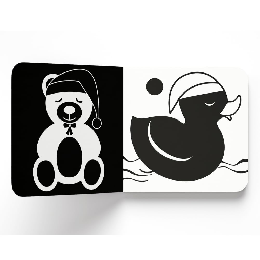 Two black and white illustrations of a bear and a duck on separate cards.