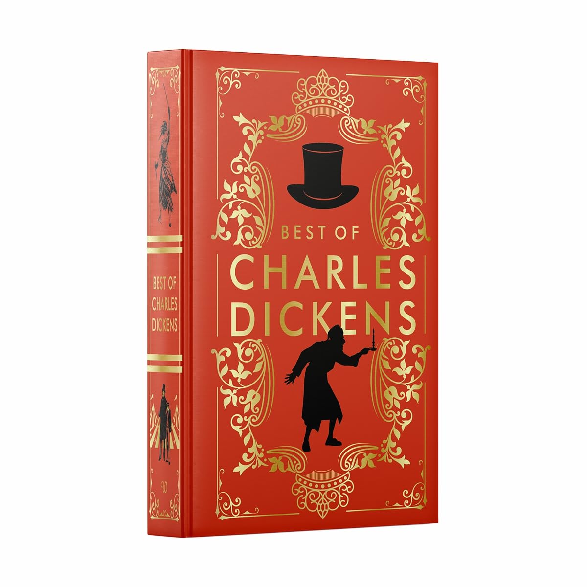 A hardcover book titled 'Best of Charles Dickens' with a red cover and gold ornate decorative border, plus black silhouettes including a top hat and a figure. The spine is visible and reads 'Best of Charles Dickens.