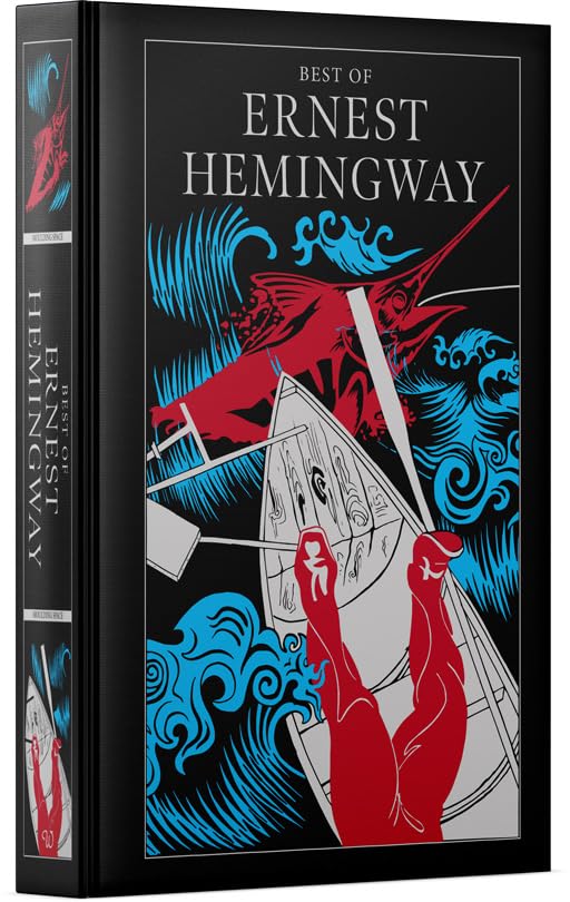 Book cover of 'The Best of Ernest Hemingway' with a stylized illustration of a fisherman and marlin.
