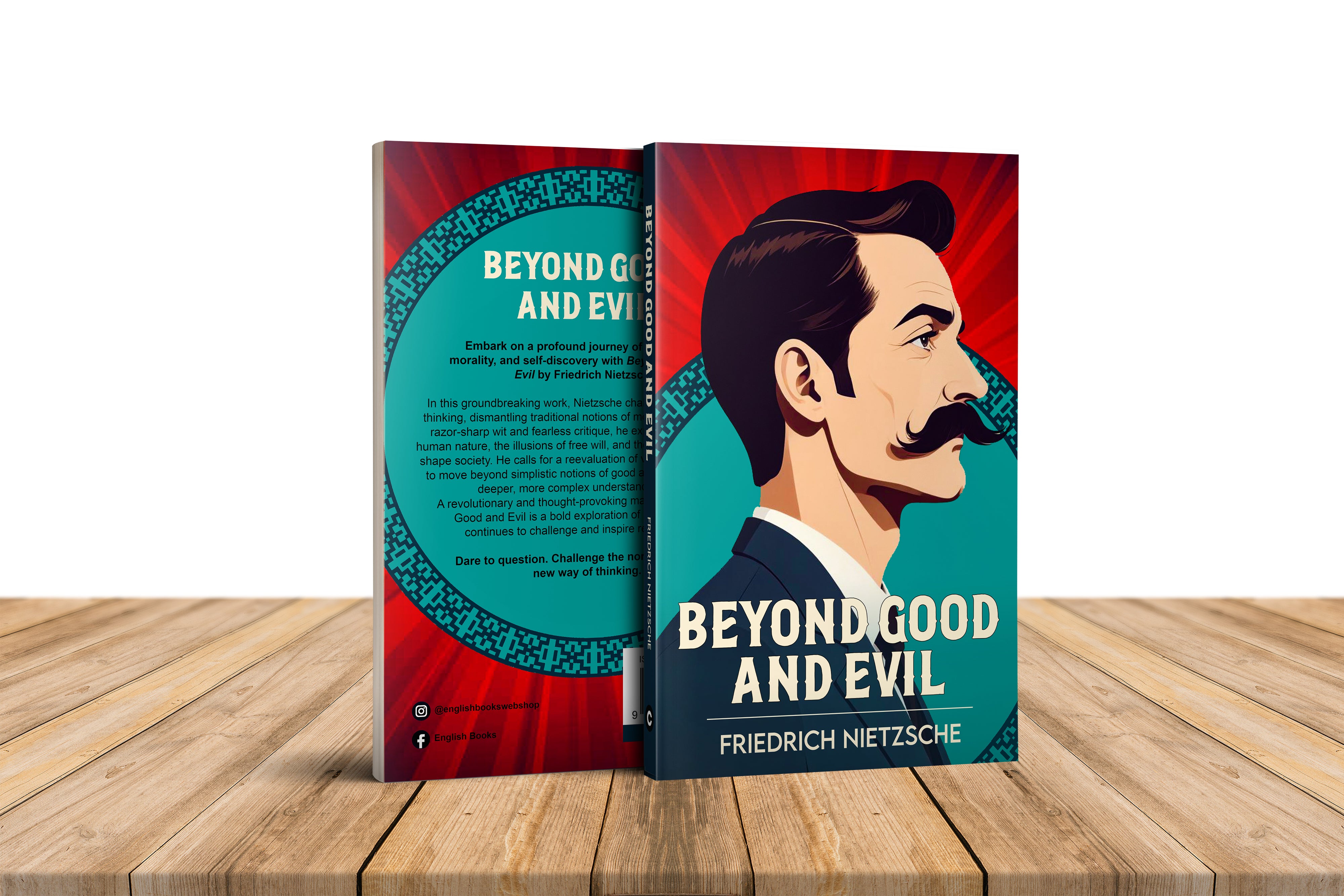 Book titled 'Beyond Good and Evil' by Friedrich Nietzsche on a wooden surface