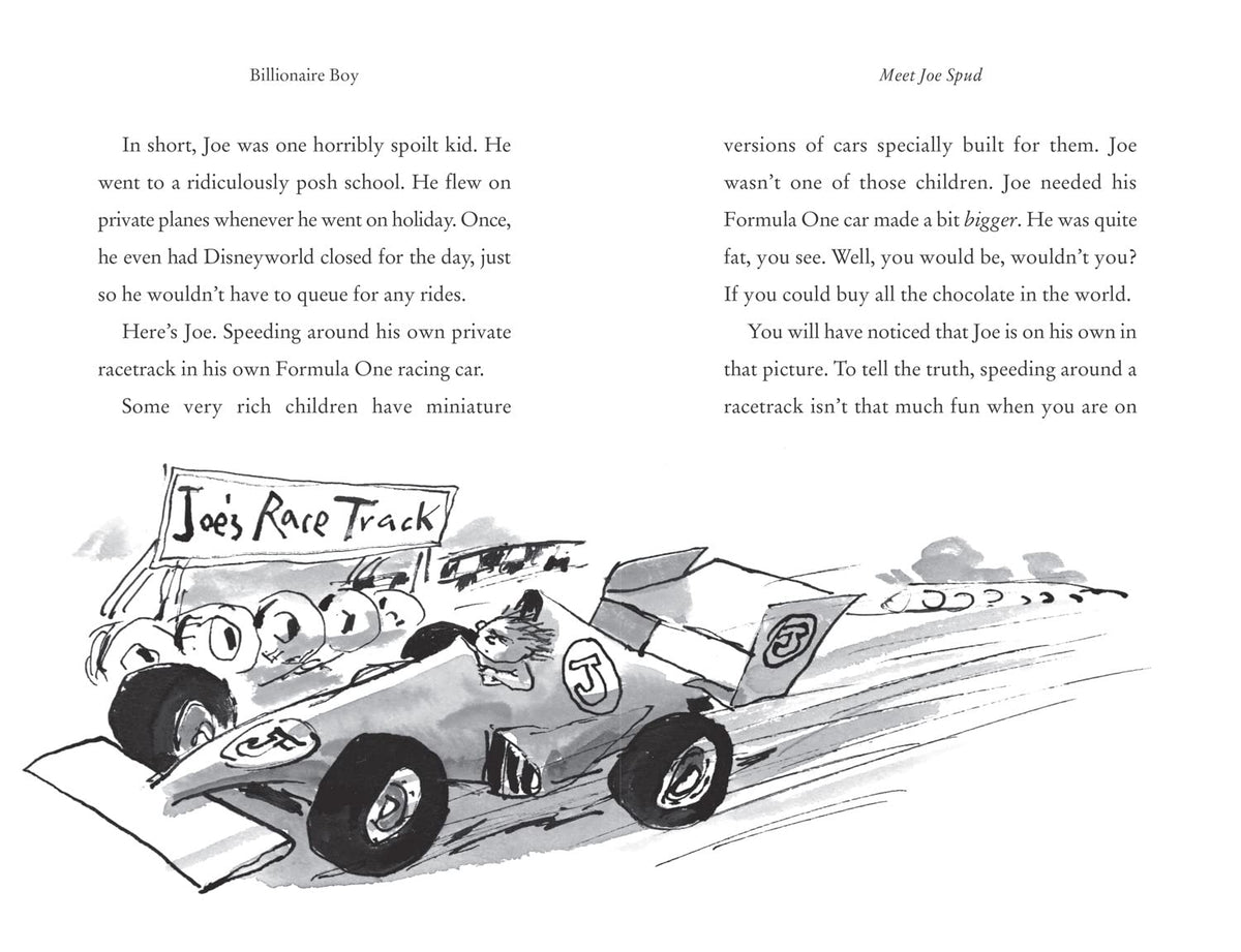 Illustration of a racing car with text about Joe Spud and his Formula One car on a white background.