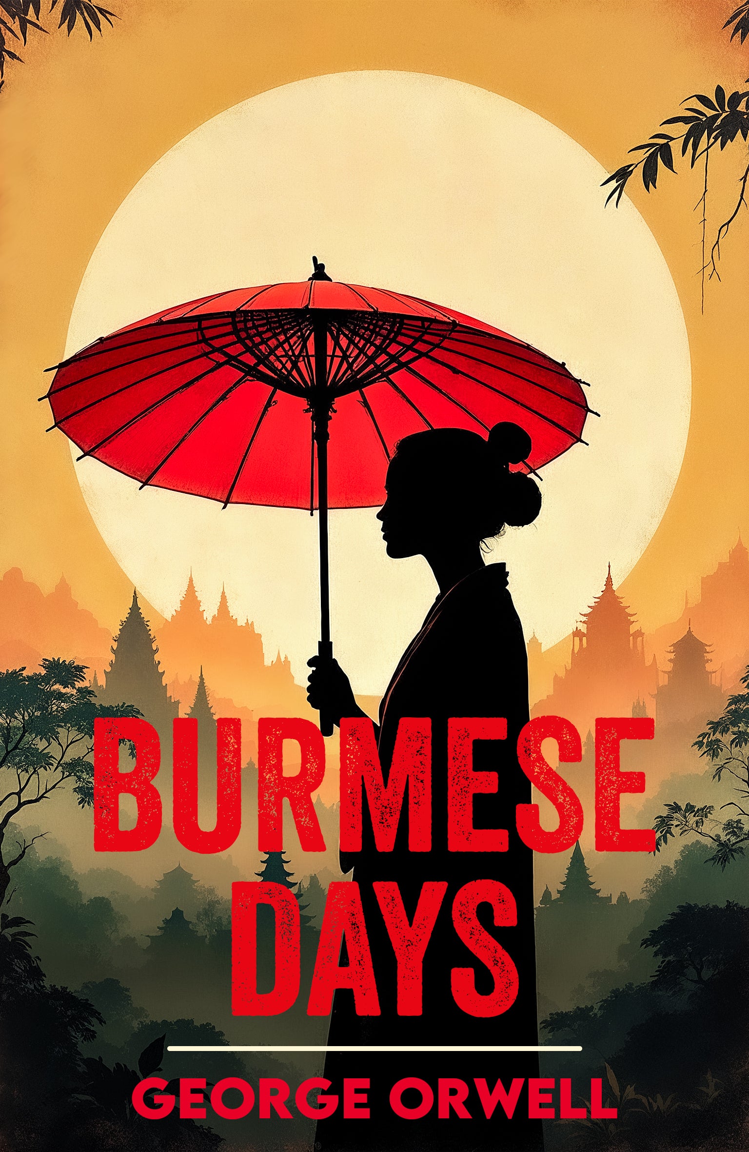 Book cover of 'Burmese Days' by George Orwell with a silhouette of a woman holding a red umbrella against a sunset sky.