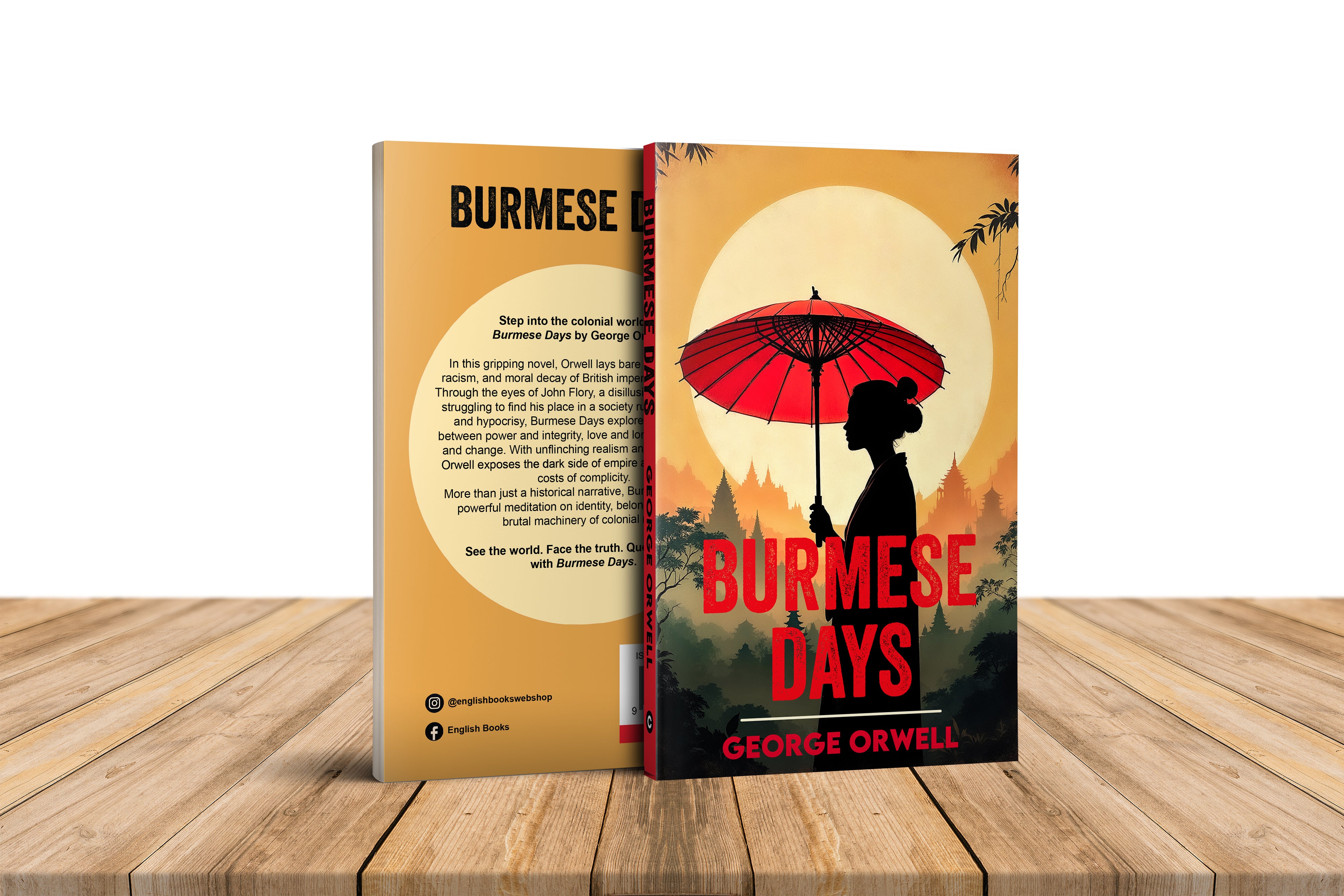 Book titled 'Burmese Days' by George Orwell on a wooden surface