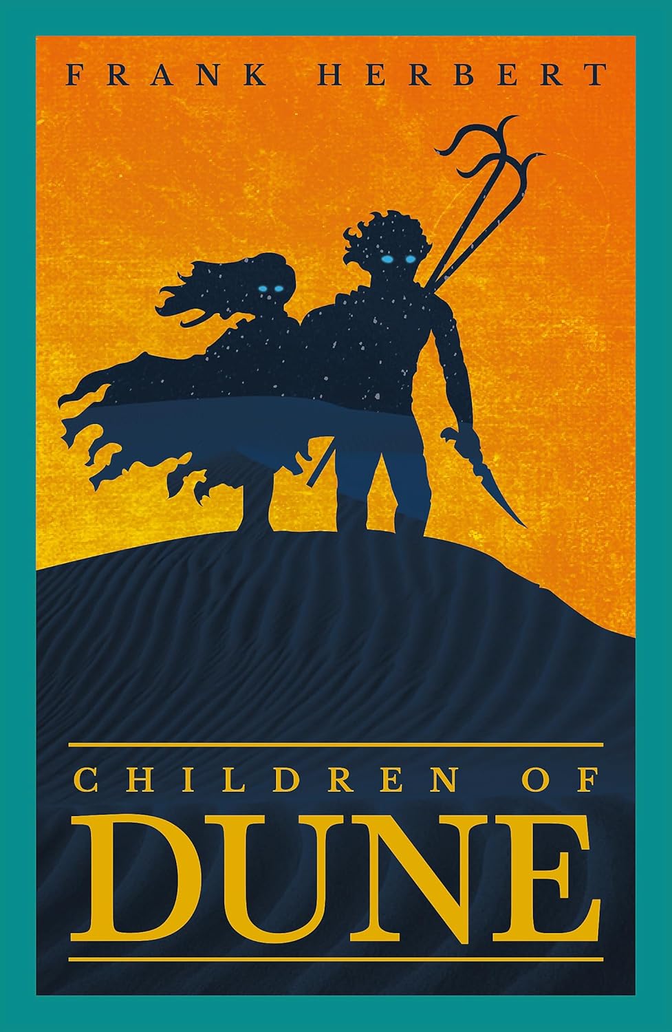 Book cover of 'Children of Dune' by Frank Herbert featuring silhouettes of two figures on a desert landscape with a title overlay.