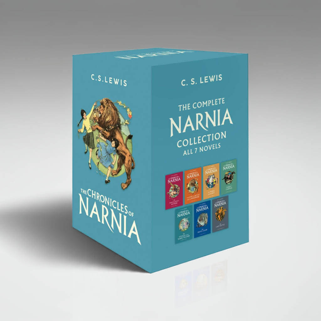 The Chronicles of Narnia Box Set by C. S. Lewis – 7 books displayed in a clean white studio setting with front-facing view of the box