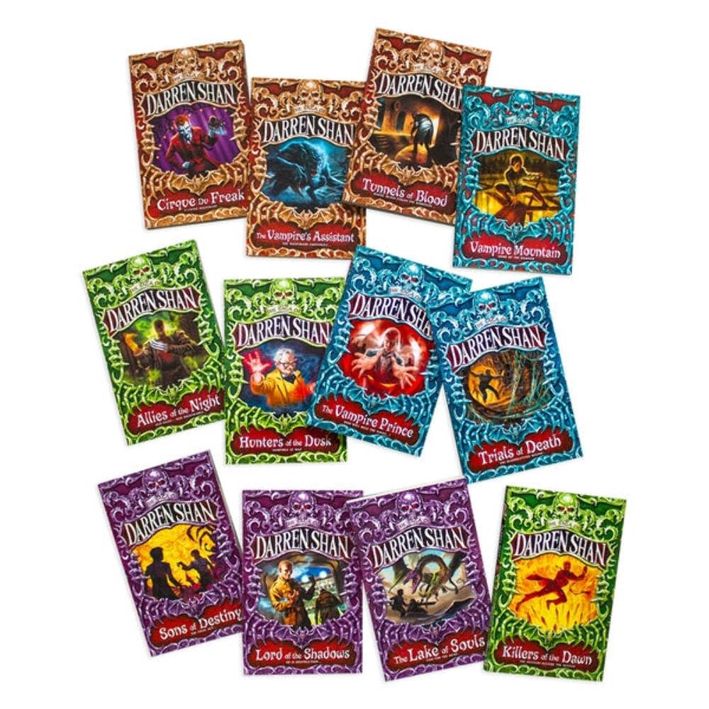 A set of ten 'Darren Shan' card packs arranged in a grid on a plain white background. Each pack features a different colorful cover with fantasy illustrations and titles including Corpse and Freak, Vampire Assassin, Tomb of the Blood, Vampire Mountain, Alien and the Night, Healers and Dies, Victims and Deaths, Gone and Dead, Lord and Slave, and Kidnapped and Sold.