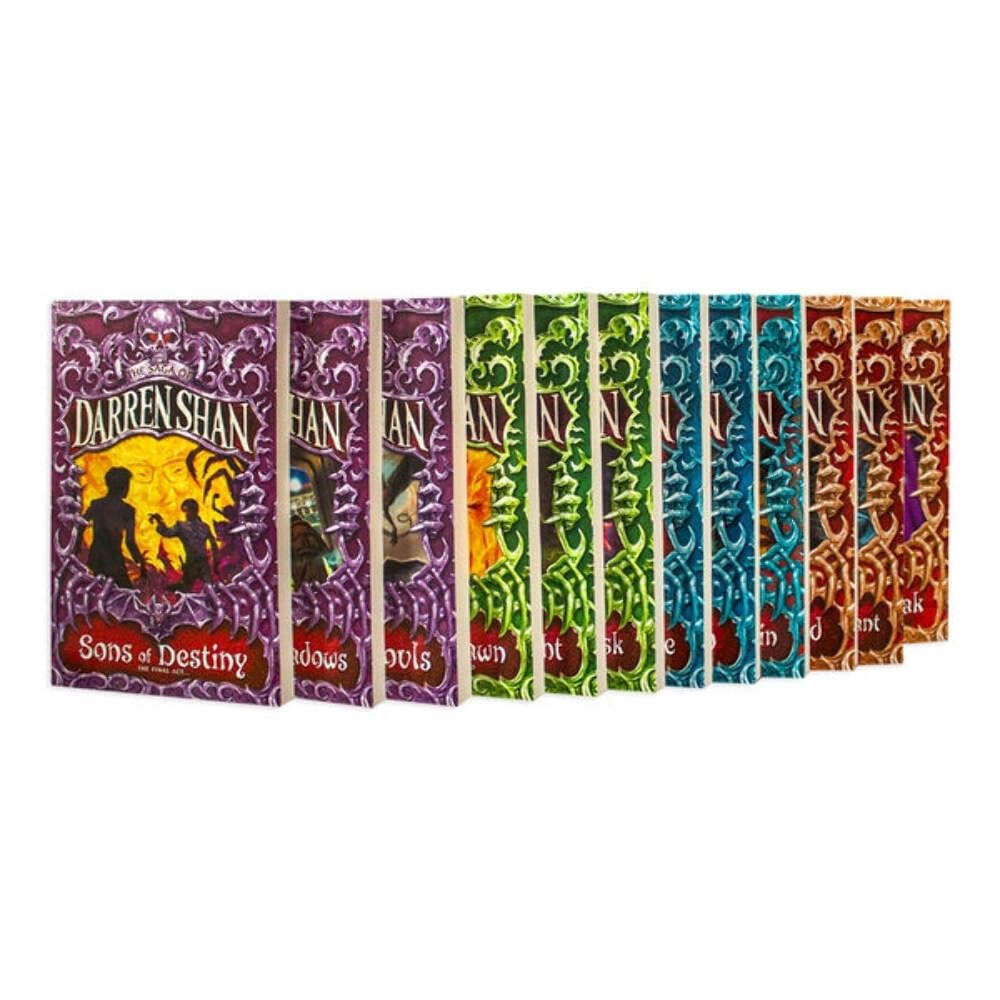 A set of ten boxed books or boxes arranged in a fan on a plain white background. The spines and covers feature ornate decorative patterns in purple, green, blue, and orange, with the title 'Darren Shan' and series text 'Sons of Destiny' visible on the front.