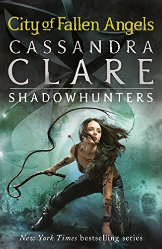Book cover of 'City of Fallen Angels' by Cassandra Clare featuring a woman with dark hair and a leather outfit, holding a sword, against a background of a stormy sky with lightning.