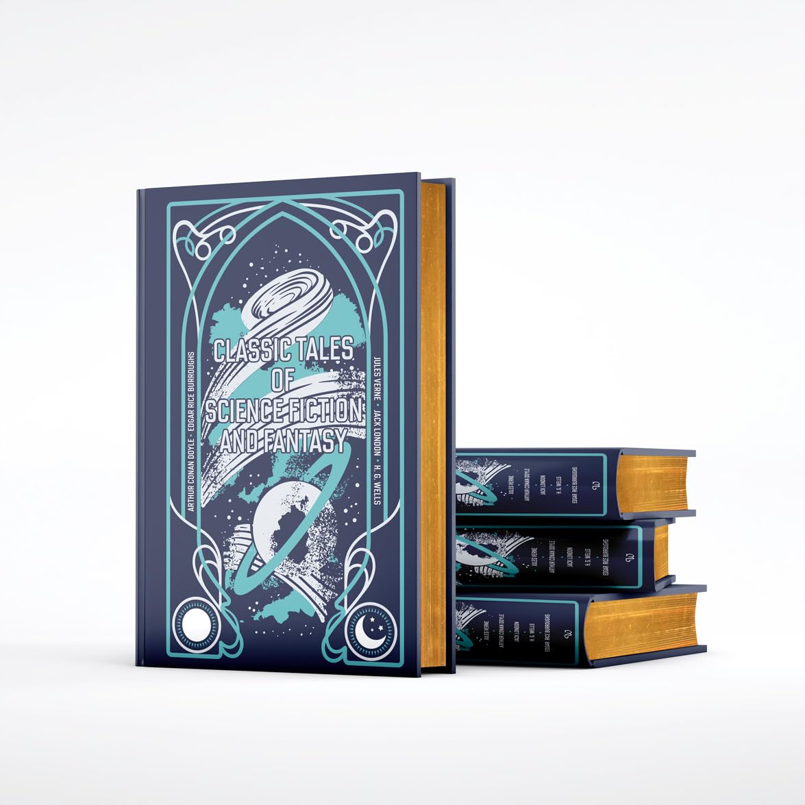 Book titled 'Classic Tales of Science Fiction and Fantasy' with a blue and gold design on a white background