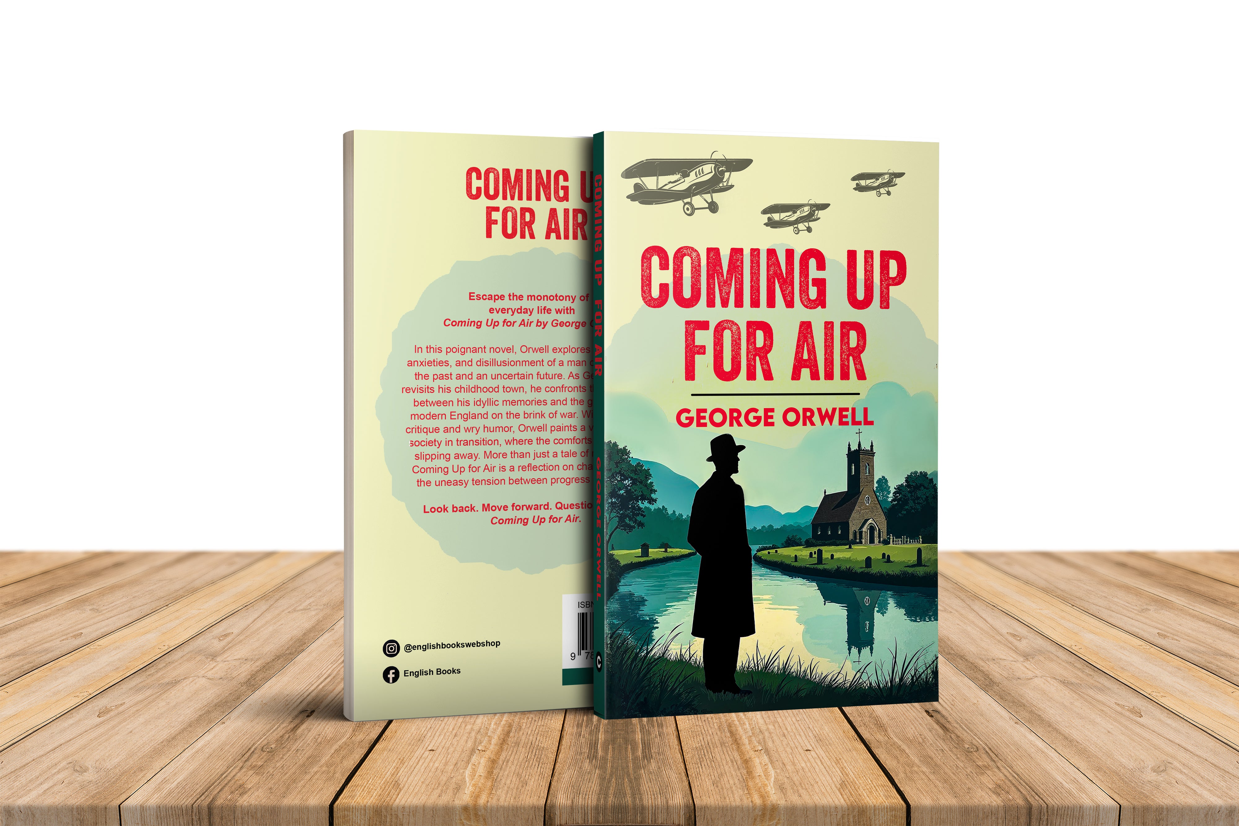 Book titled 'Coming Up for Air' by George Orwell on a wooden surface
