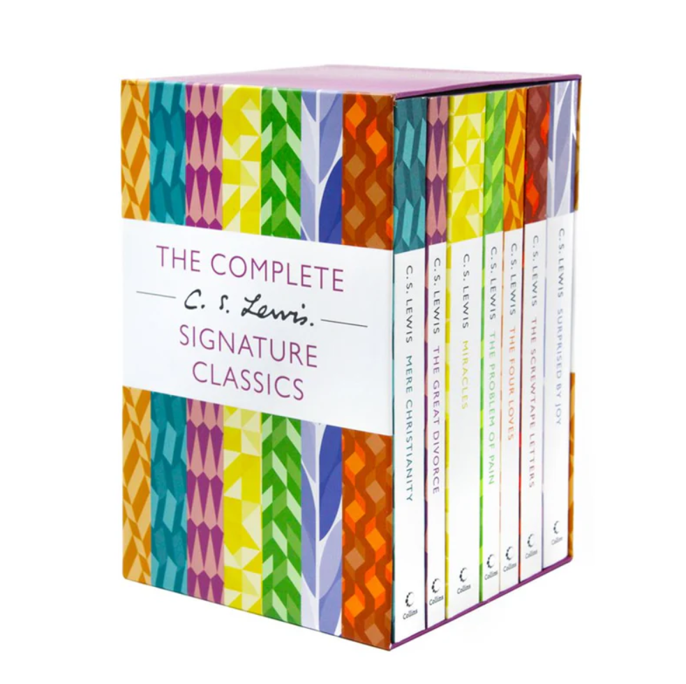 C. S. Lewis Signature Classics – 7 Book Box Set Including Mere Christianity, The Great Divorce, Miracles, The Screwtape Letters, and More – Colourful Spines on White Background
